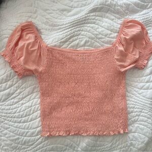 me to we pink smocked puff sleeve crop top
